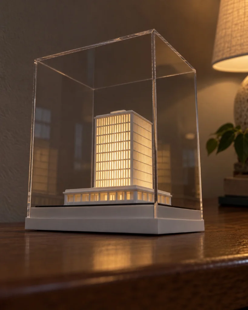 Mini maquete física com iluminação e proteção em acrílico cristal